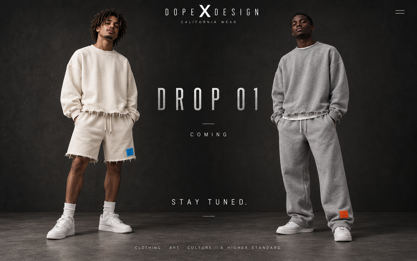 Two models in the Drop 01 looks flanking the words Drop 01, Coming, Stay Tuned