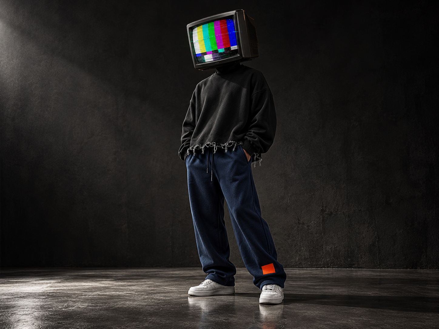 Model with a vintage television for a head, wearing a dark sweatshirt and midnight-blue pants with an orange label.