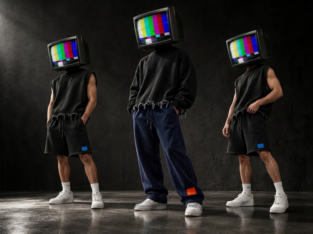 Model with a vintage television for a head, wearing a black cut-off sleeve shirt and matching shorts, against a dark studio wall. The screen shows color bars.